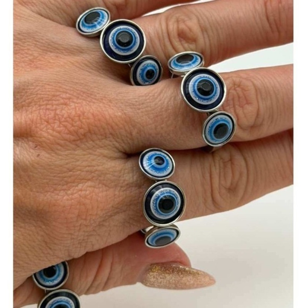 Evil Eye Ring Size 9 Stainless Steel Blue Nazar Protection Statement‎ Ring